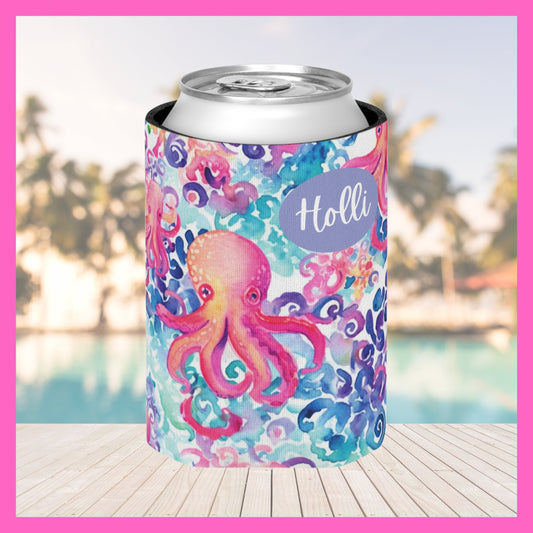 Personalized Can Cooler Bachelorette Koozie Family Vacation Custom Name Can Cooler Birthday Favors Bachelorette Party Favors Purple Octopus