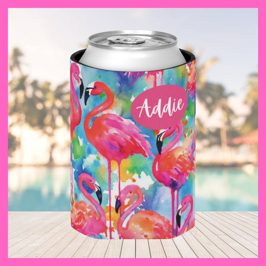 Personalized Can Cooler Bachelorette Koozie Family Vacation Custom Name Can Cooler Birthday Favors Bachelorette Party Favors Pink Flamingos