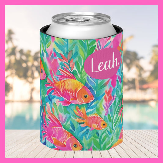 Personalized Can Cooler Bachelorette Koozie Family Vacation Custom Name Can Cooler Birthday Favors Bachelorette Party Favors Tropical Fish