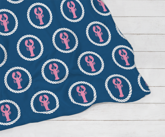 Plush Blanket, Navy with Pink Lobsters