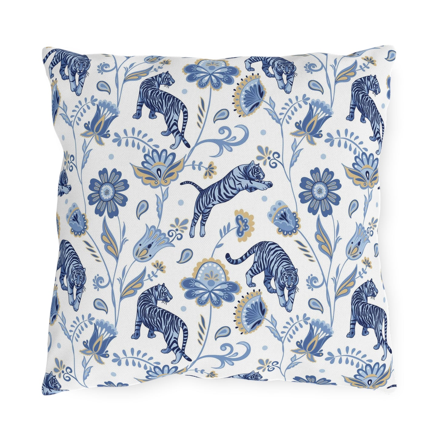 Outdoor Pillow Blue Nordic Tigers and Floral | Front Porch Pillow | Back Porch Pillow