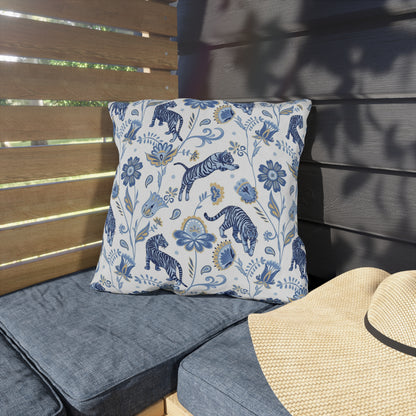 Outdoor Pillow Blue Nordic Tigers and Floral | Front Porch Pillow | Back Porch Pillow