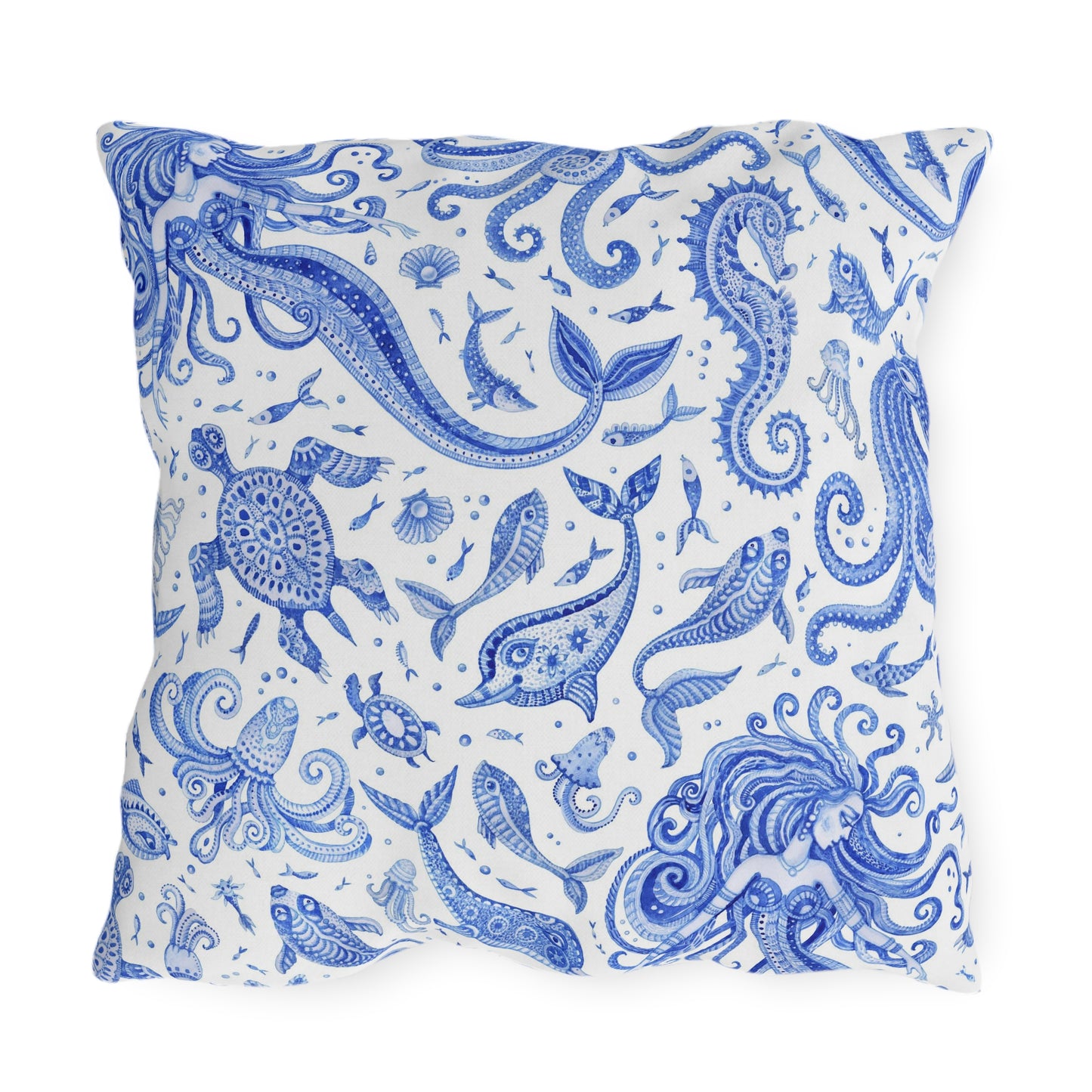 Outdoor Pillow Mermaid Sea Horse Seashells | Front Porch Pillow | Back Porch Pillow