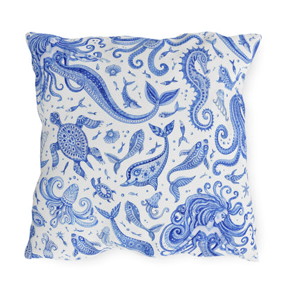 Outdoor Pillow Mermaid Sea Horse Seashells | Front Porch Pillow | Back Porch Pillow