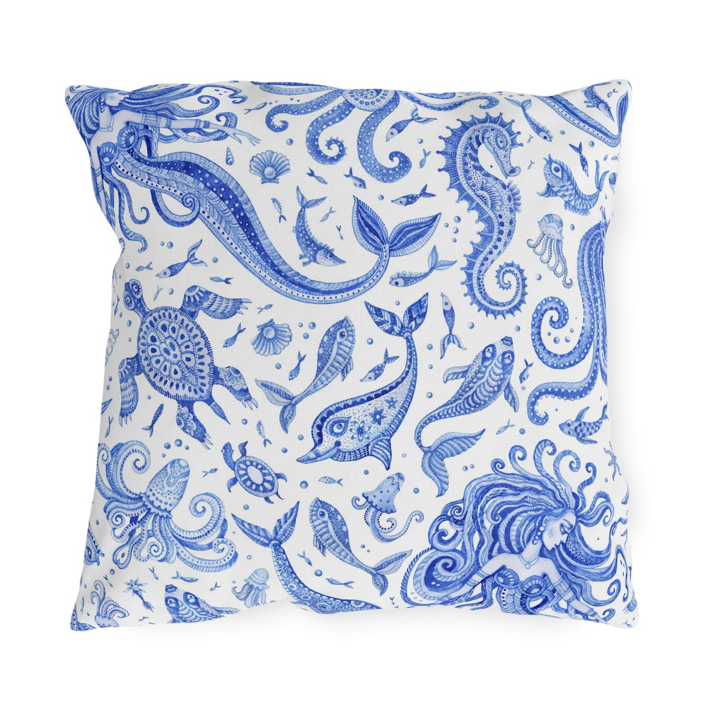 Outdoor Pillow Mermaid Sea Horse Seashells | Front Porch Pillow | Back Porch Pillow