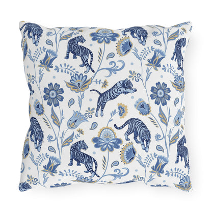 Outdoor Pillow Blue Nordic Tigers and Floral | Front Porch Pillow | Back Porch Pillow