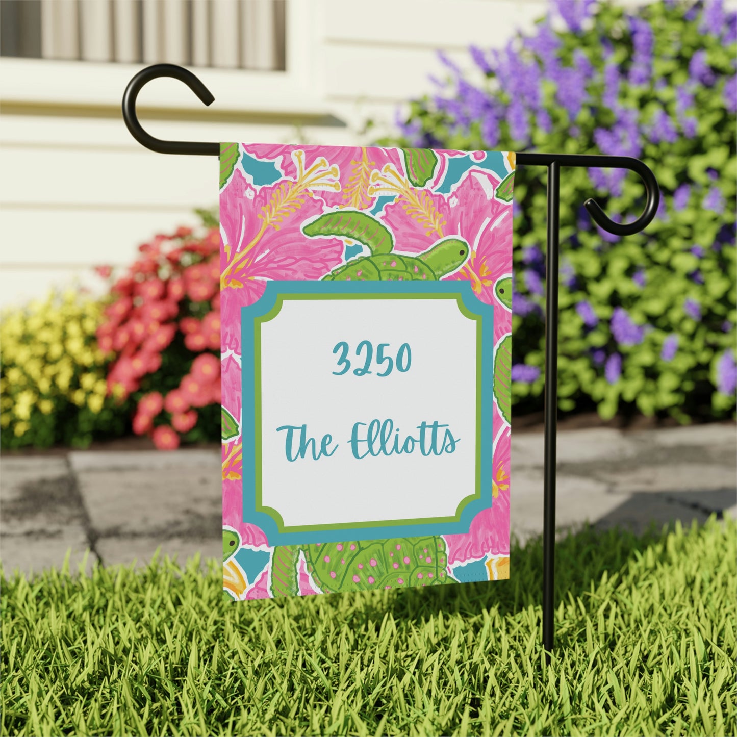 Customized Welcome Tropical Hibiscus Turtles Flags | Address and Name Flag | Personalized Name Flag | Beach Summer Garden Decor