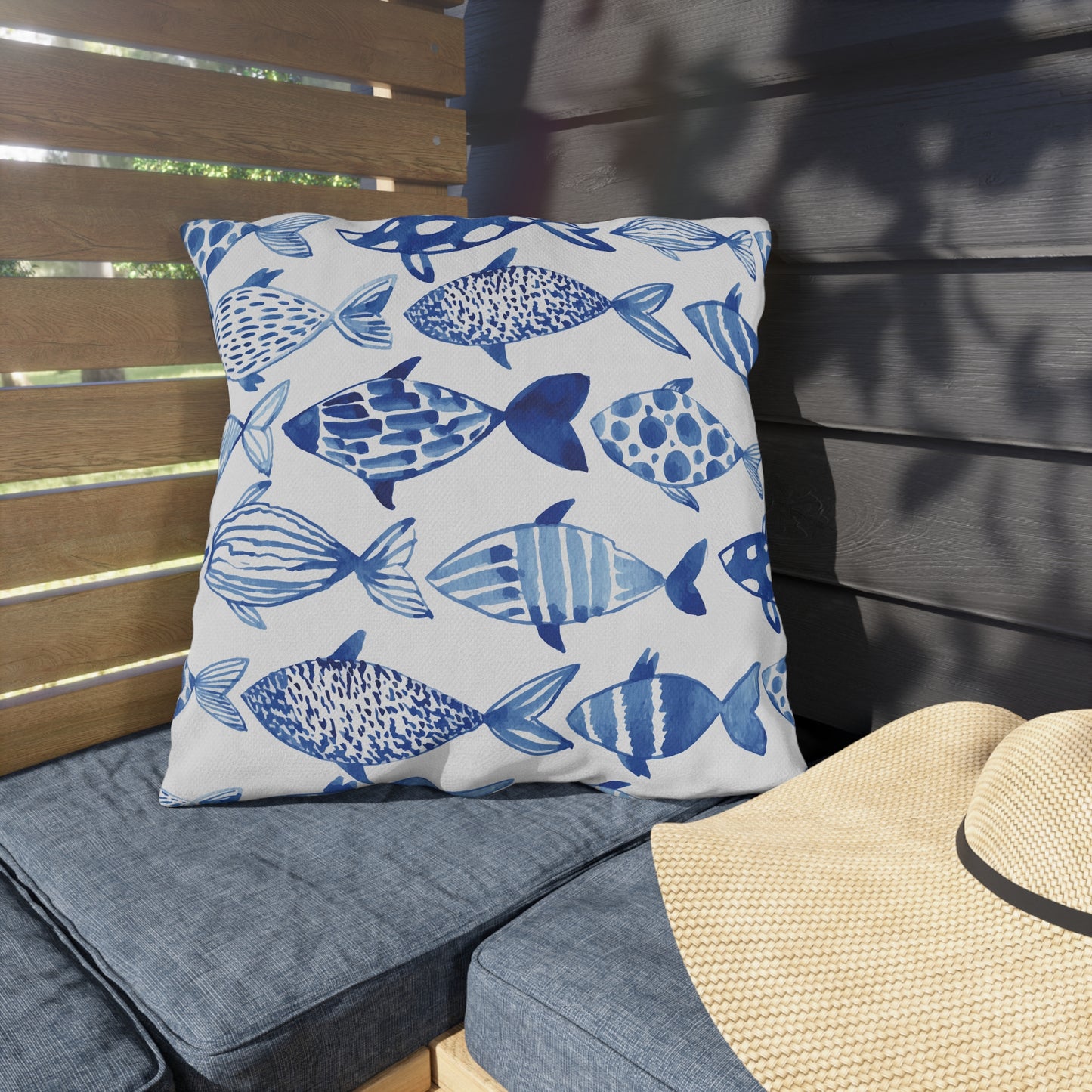 Outdoor Pillow Blue Fish Beach Decor | Front Porch Pillow | Back Porch Pillow