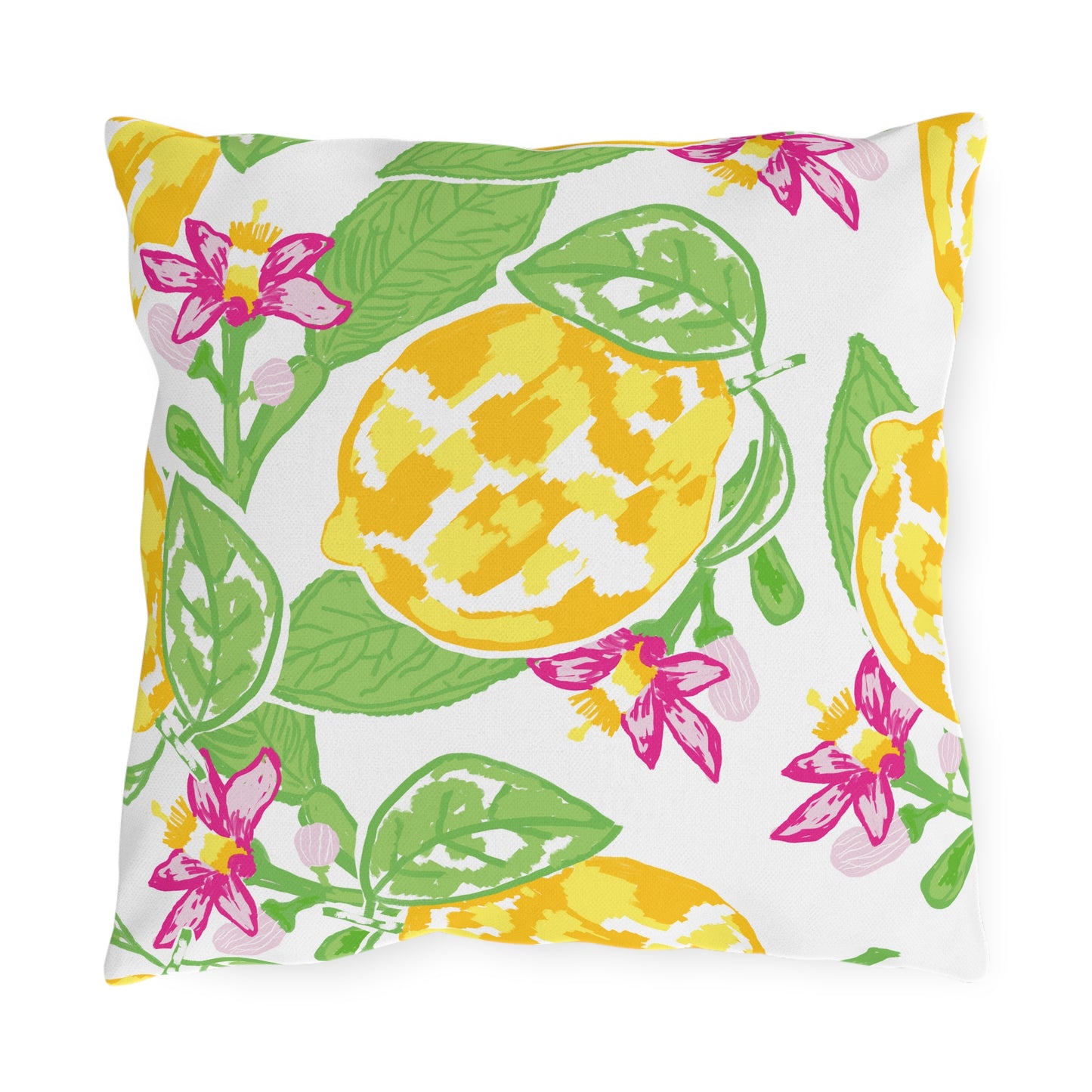 Outdoor Pillow Lemon and Pink Hibiscus | Front Porch Pillow | Back Porch Pillow