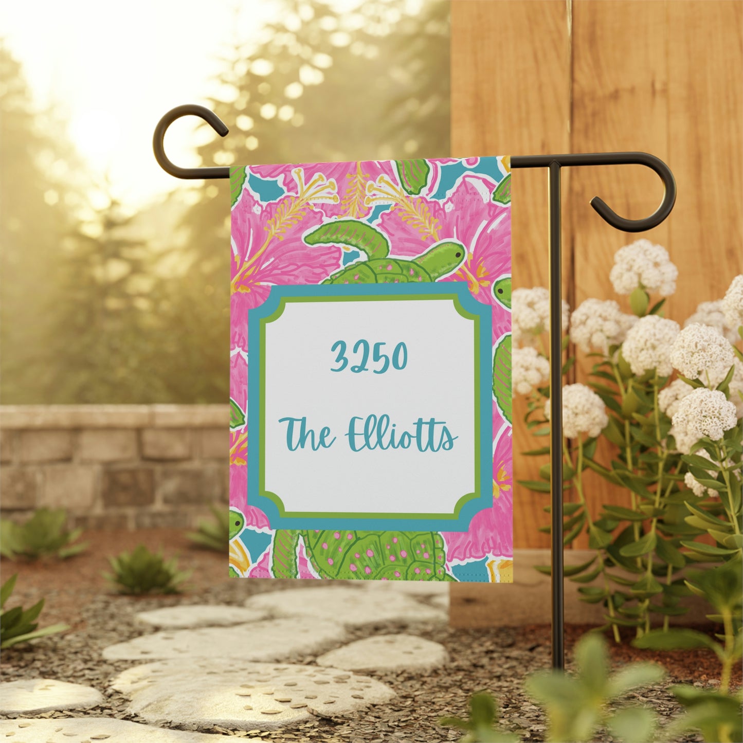 Customized Welcome Tropical Hibiscus Turtles Flags | Address and Name Flag | Personalized Name Flag | Beach Summer Garden Decor