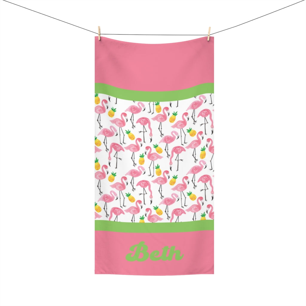 Personalized Flamingo and Pineapple Beach Towel