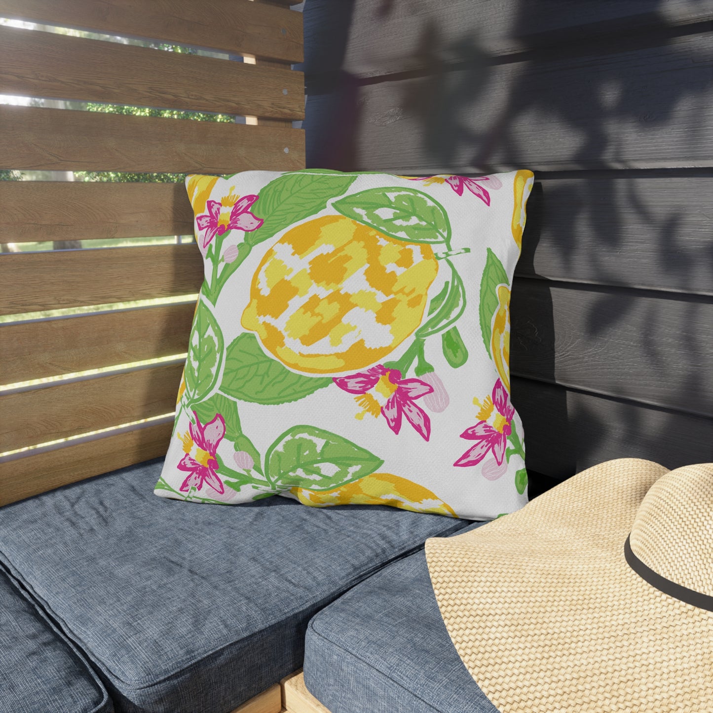 Outdoor Pillow Lemon and Pink Hibiscus | Front Porch Pillow | Back Porch Pillow