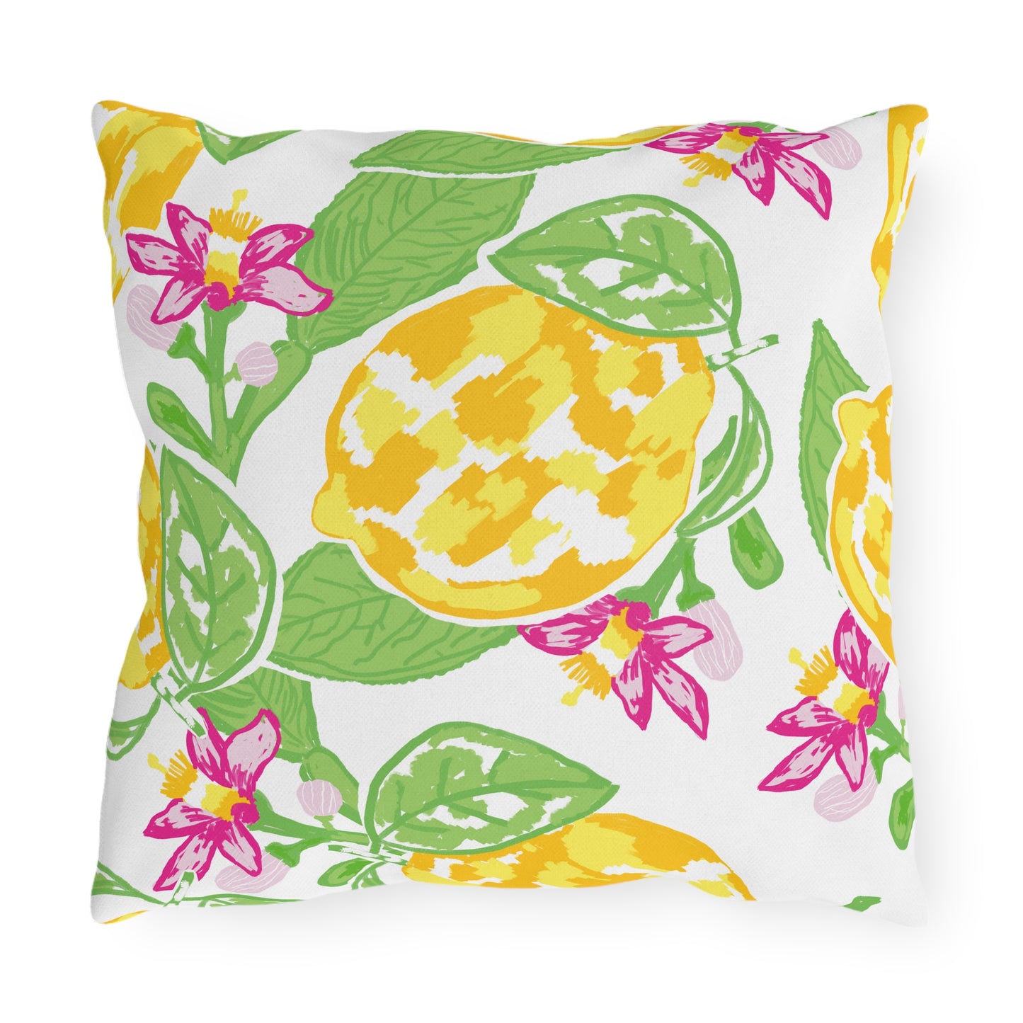 Outdoor Pillow Lemon and Pink Hibiscus | Front Porch Pillow | Back Porch Pillow