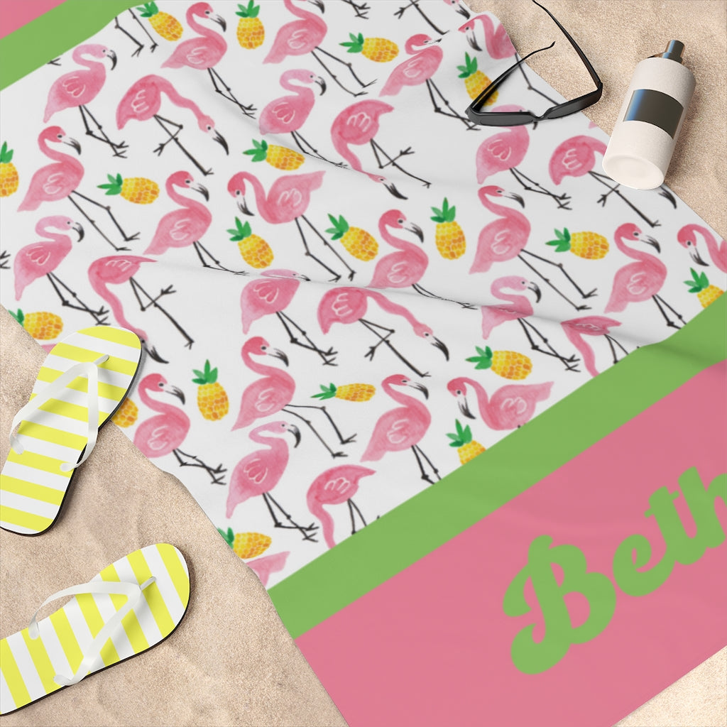 Personalized Flamingo and Pineapple Beach Towel