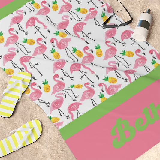 Personalized Flamingo and Pineapple Beach Towel
