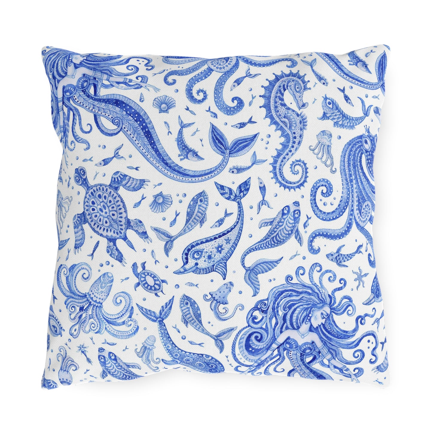 Outdoor Pillow Mermaid Sea Horse Seashells | Front Porch Pillow | Back Porch Pillow