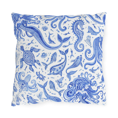 Outdoor Pillow Mermaid Sea Horse Seashells | Front Porch Pillow | Back Porch Pillow