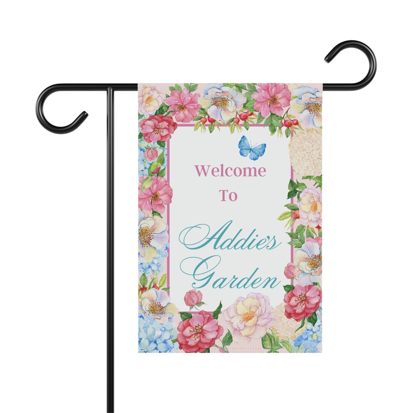 Customized Welcome Garden Flags | Flower Garden Flag | Personalized Name Flag | Flowers and Butterfly