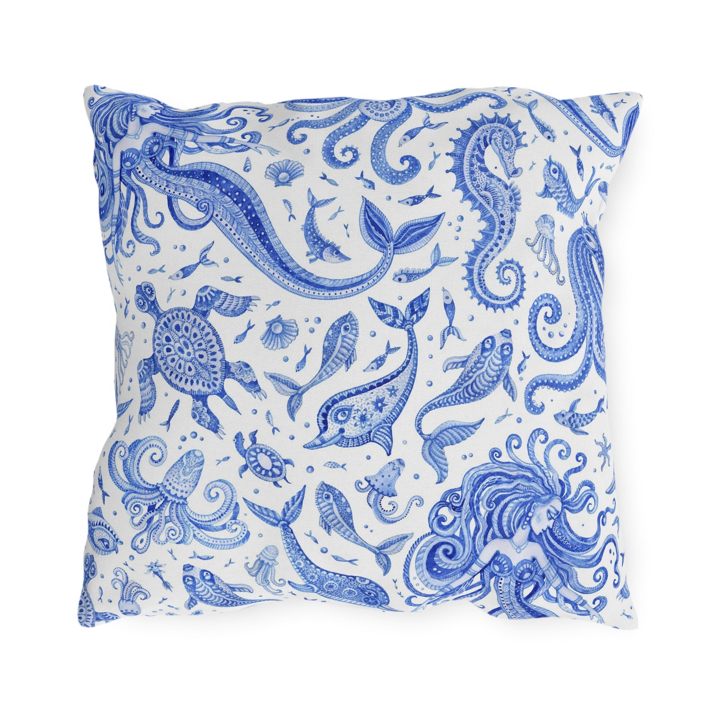 Outdoor Pillow Mermaid Sea Horse Seashells | Front Porch Pillow | Back Porch Pillow