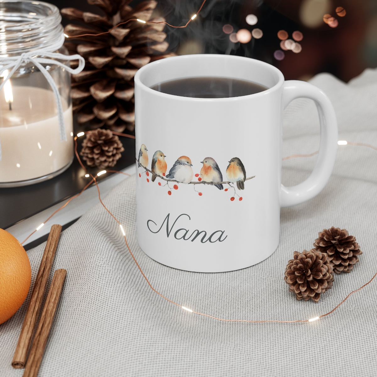 Personalized Winter Birds and Holly Berry Ceramic Mug 11oz