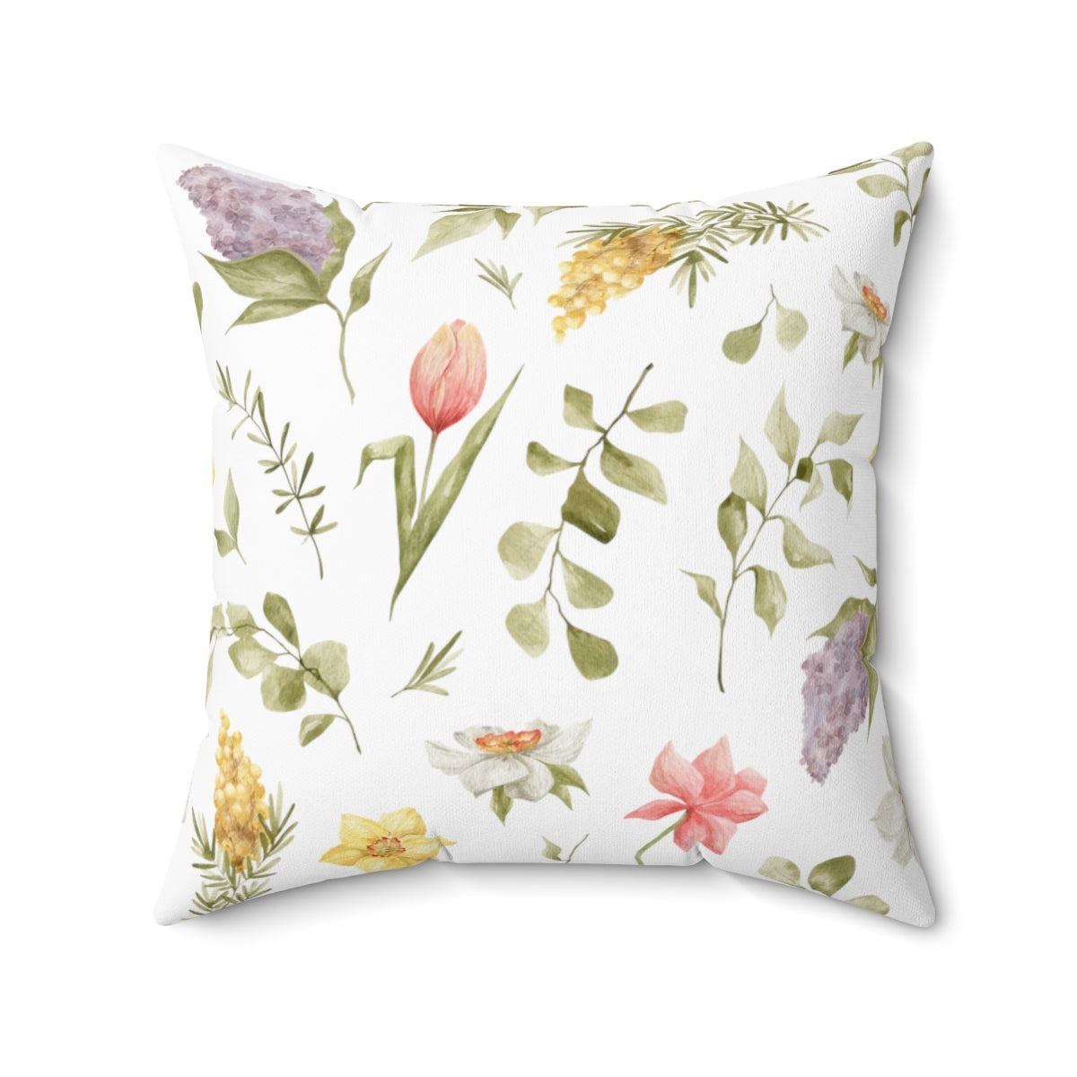 Hello Spring Throw Pillow | Reversible For Year Round | Watercolor Flowers| Spun Polyester Square Pillow