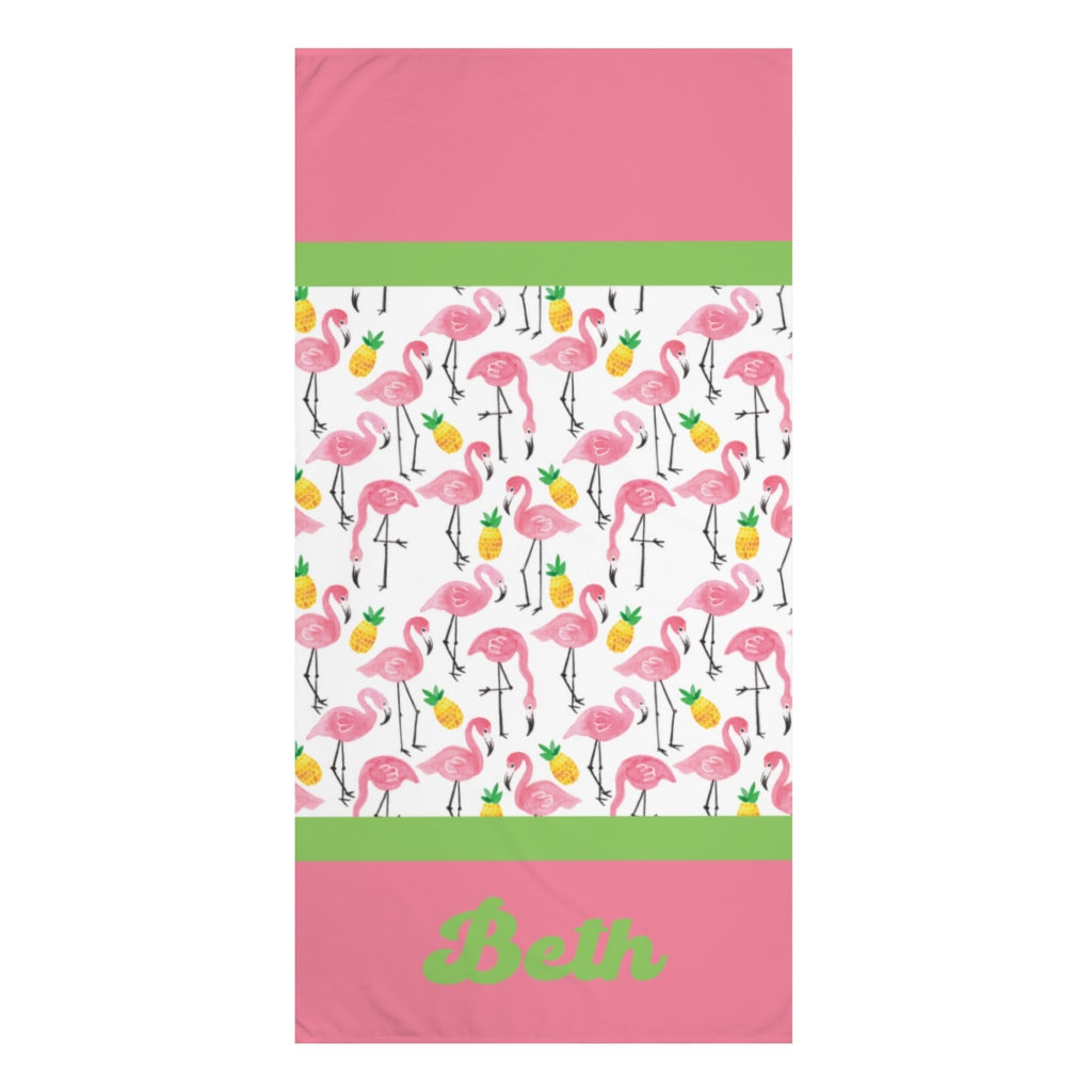 Personalized Flamingo and Pineapple Beach Towel