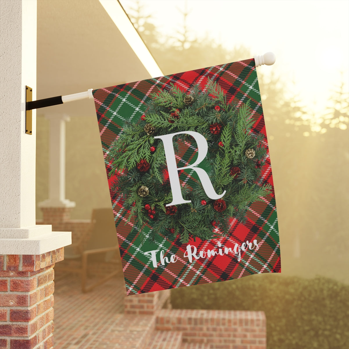 Personalized Red Plaid with Wreath Garden & House Banner