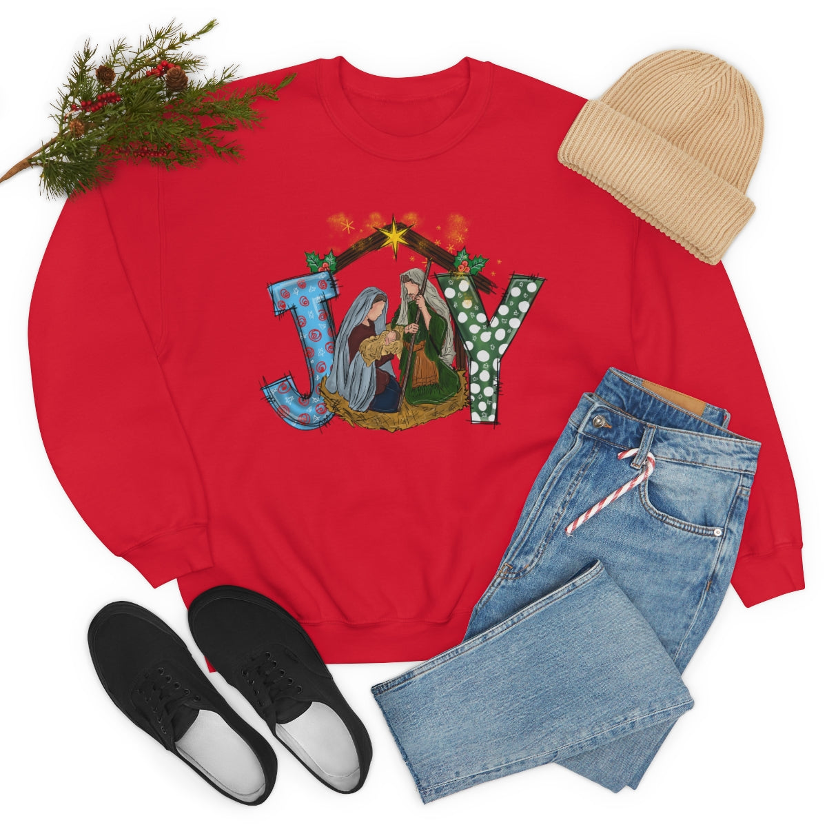 JOY Mary Joseph and Jesus Christmas Sweatshirt