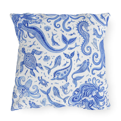 Outdoor Pillow Mermaid Sea Horse Seashells | Front Porch Pillow | Back Porch Pillow