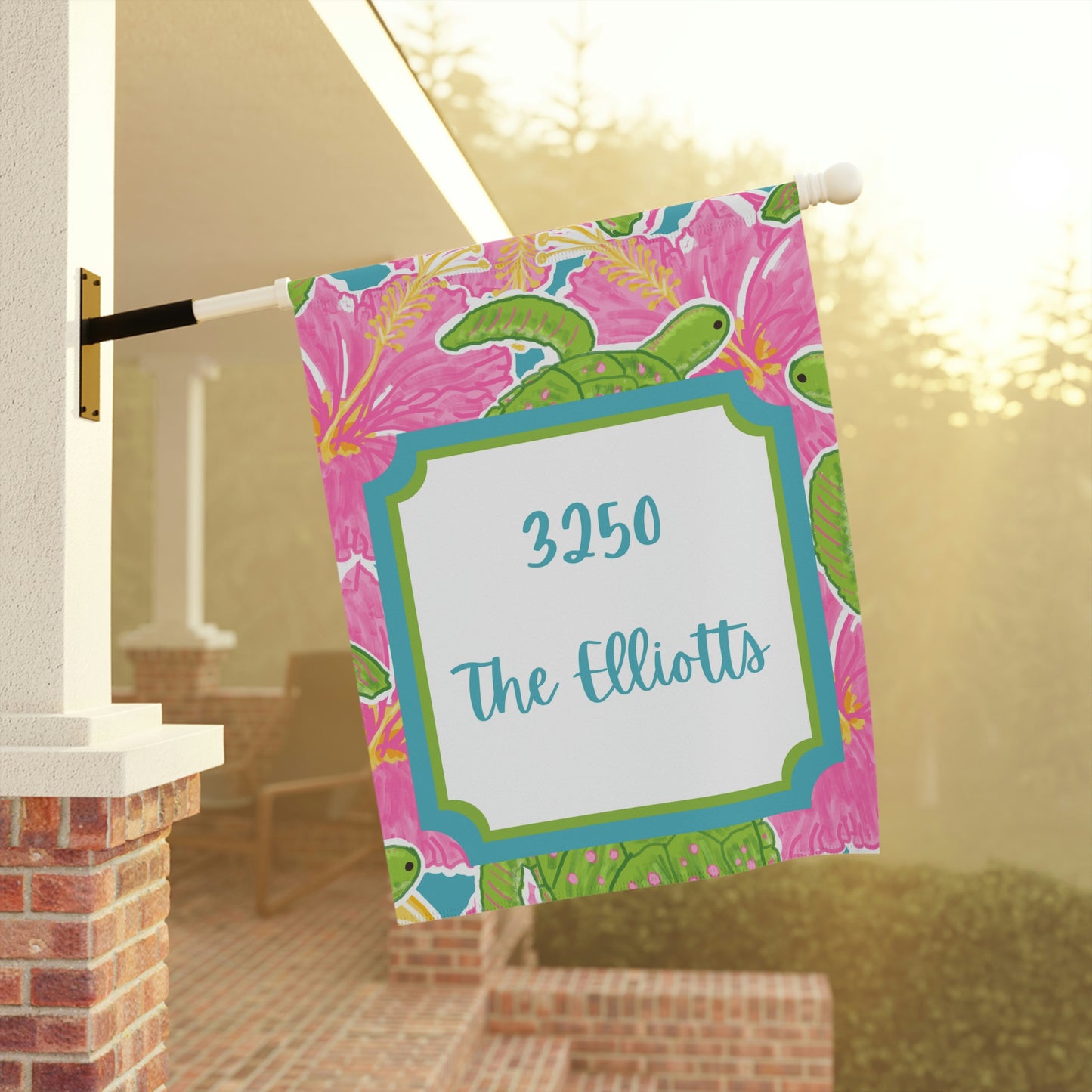 Customized Welcome Tropical Hibiscus Turtles Flags | Address and Name Flag | Personalized Name Flag | Beach Summer Garden Decor