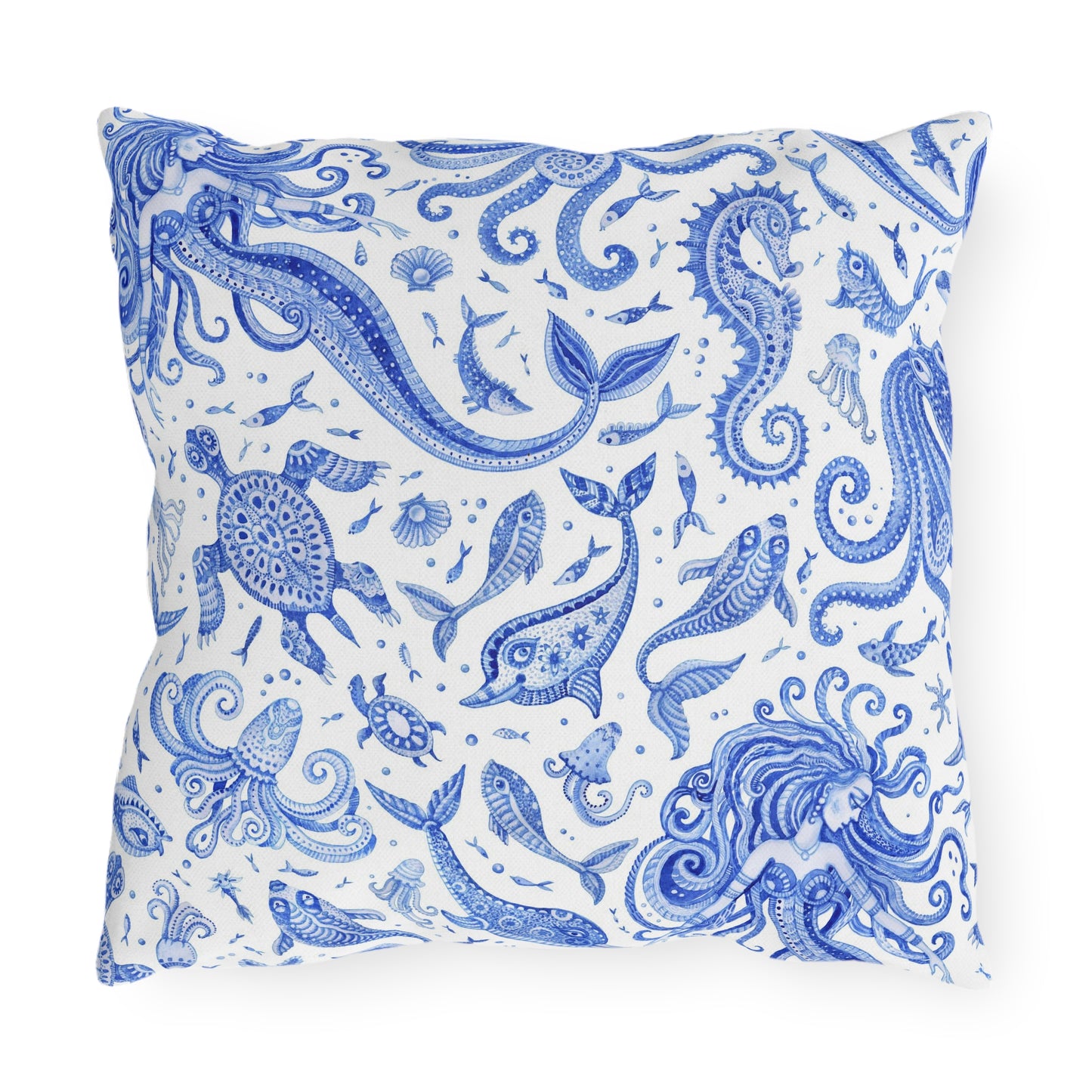 Outdoor Pillow Mermaid Sea Horse Seashells | Front Porch Pillow | Back Porch Pillow