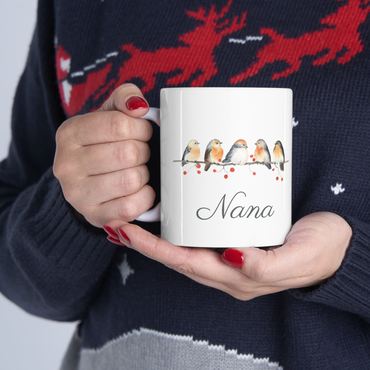 Personalized Winter Birds and Holly Berry Ceramic Mug 11oz