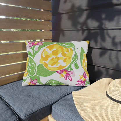 Outdoor Pillow Lemon and Pink Hibiscus | Front Porch Pillow | Back Porch Pillow