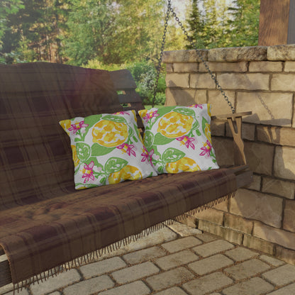 Outdoor Pillow Lemon and Pink Hibiscus | Front Porch Pillow | Back Porch Pillow