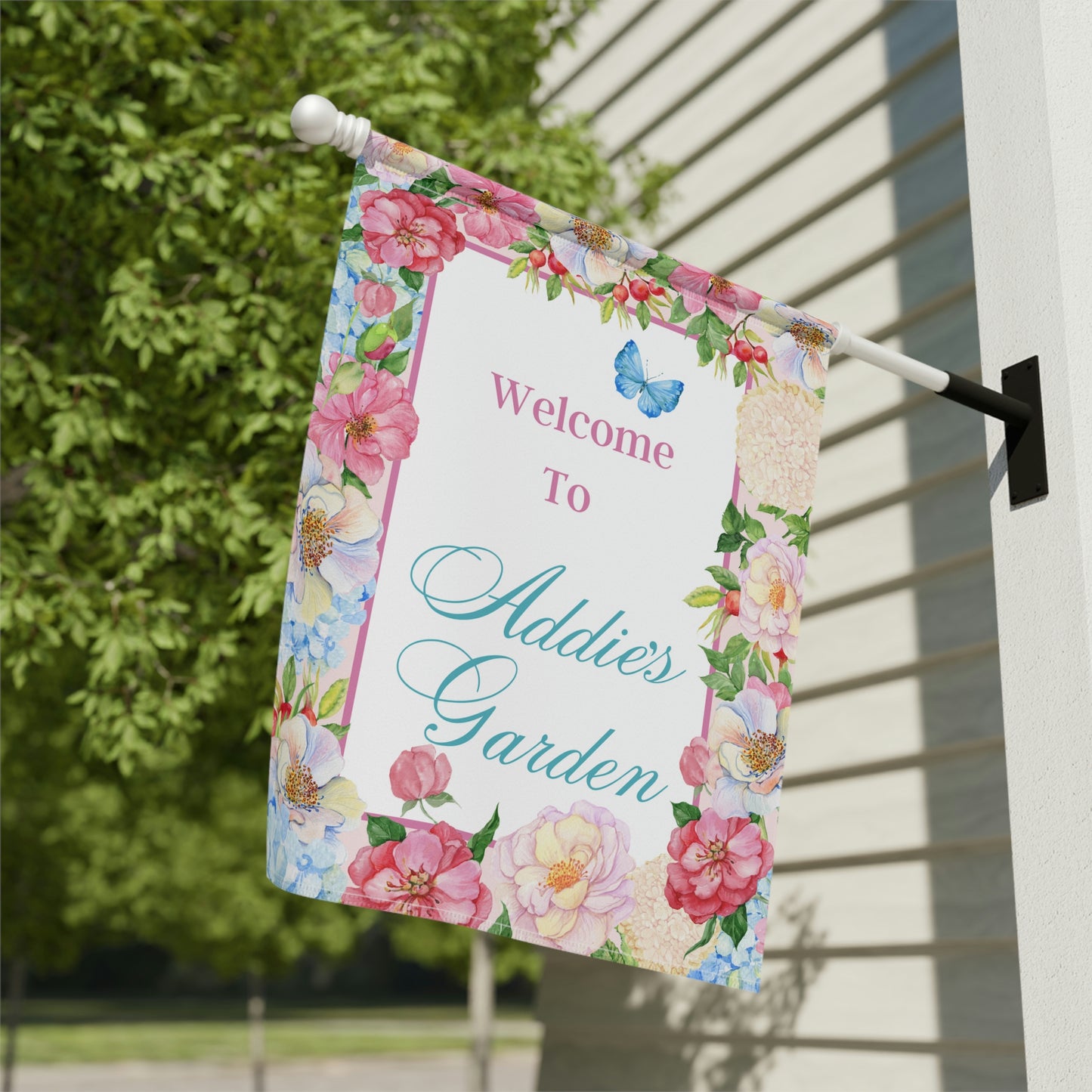 Customized Welcome Garden Flags | Flower Garden Flag | Personalized Name Flag | Flowers and Butterfly