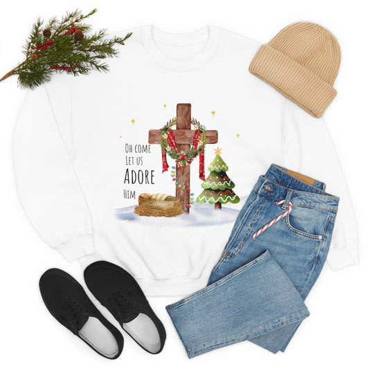 Oh Come Let Us Adore Him Cross Christmas Nativity Sweatshirt