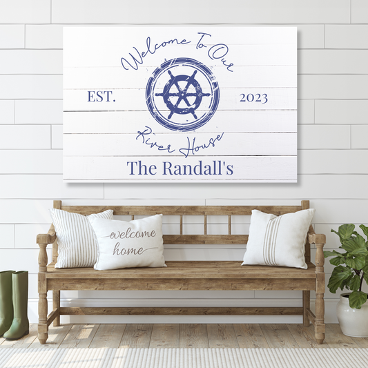 Helm Ship's Wheel Aluminum Sign | Personalized | Front and Back Porch Decor | Custom Name Sign for Patio | Lake River Beach House