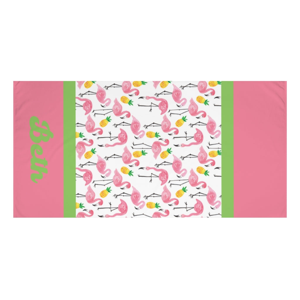 Personalized Flamingo and Pineapple Beach Towel