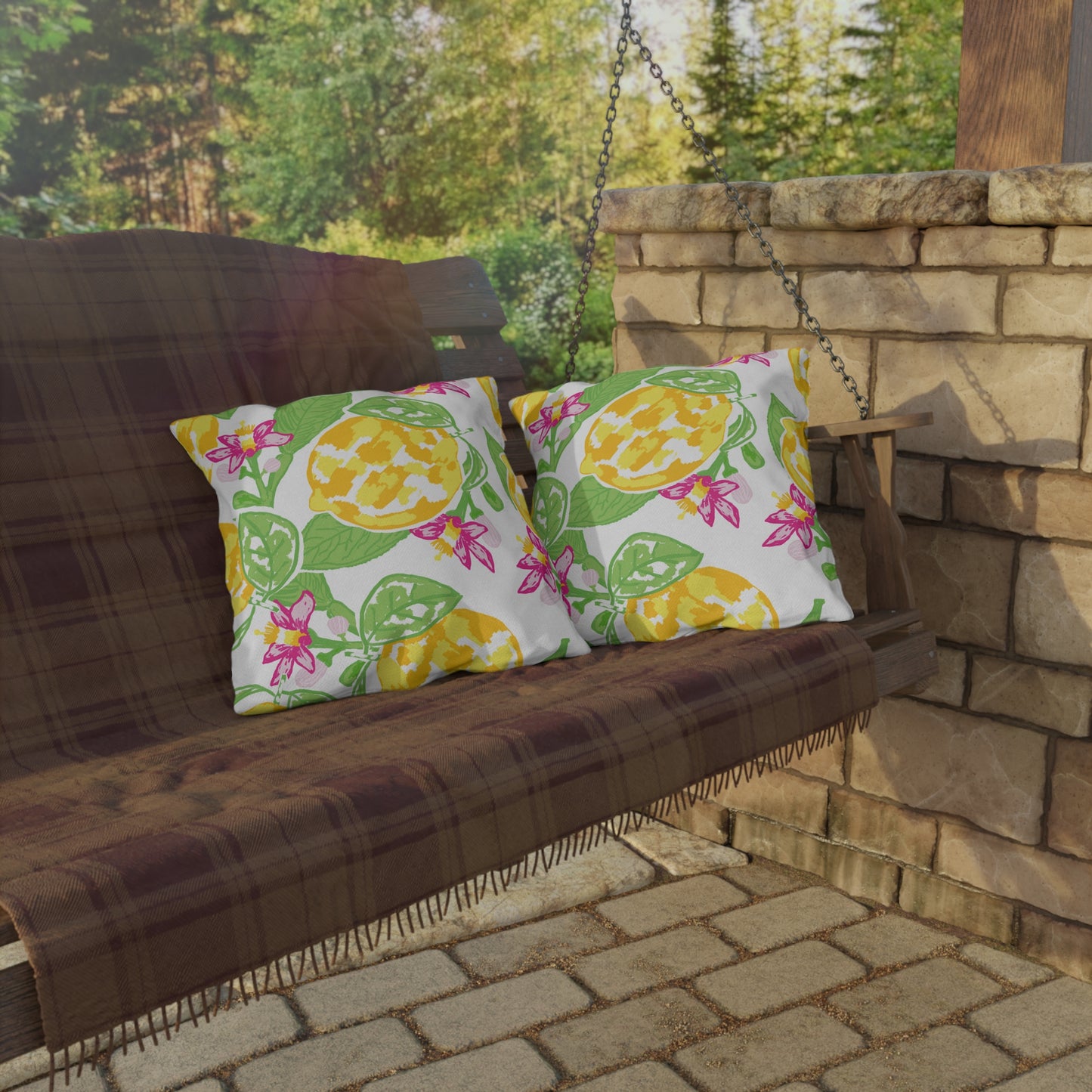 Outdoor Pillow Lemon and Pink Hibiscus | Front Porch Pillow | Back Porch Pillow