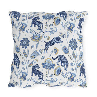 Outdoor Pillow Blue Nordic Tigers and Floral | Front Porch Pillow | Back Porch Pillow