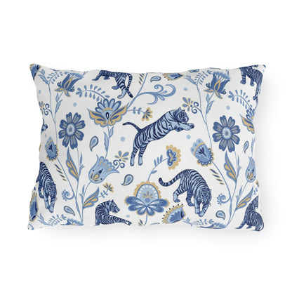 Outdoor Pillow Blue Nordic Tigers and Floral | Front Porch Pillow | Back Porch Pillow