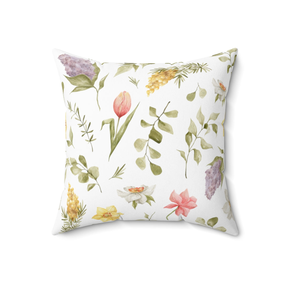 Hello Spring Throw Pillow | Reversible For Year Round | Watercolor Flowers| Spun Polyester Square Pillow