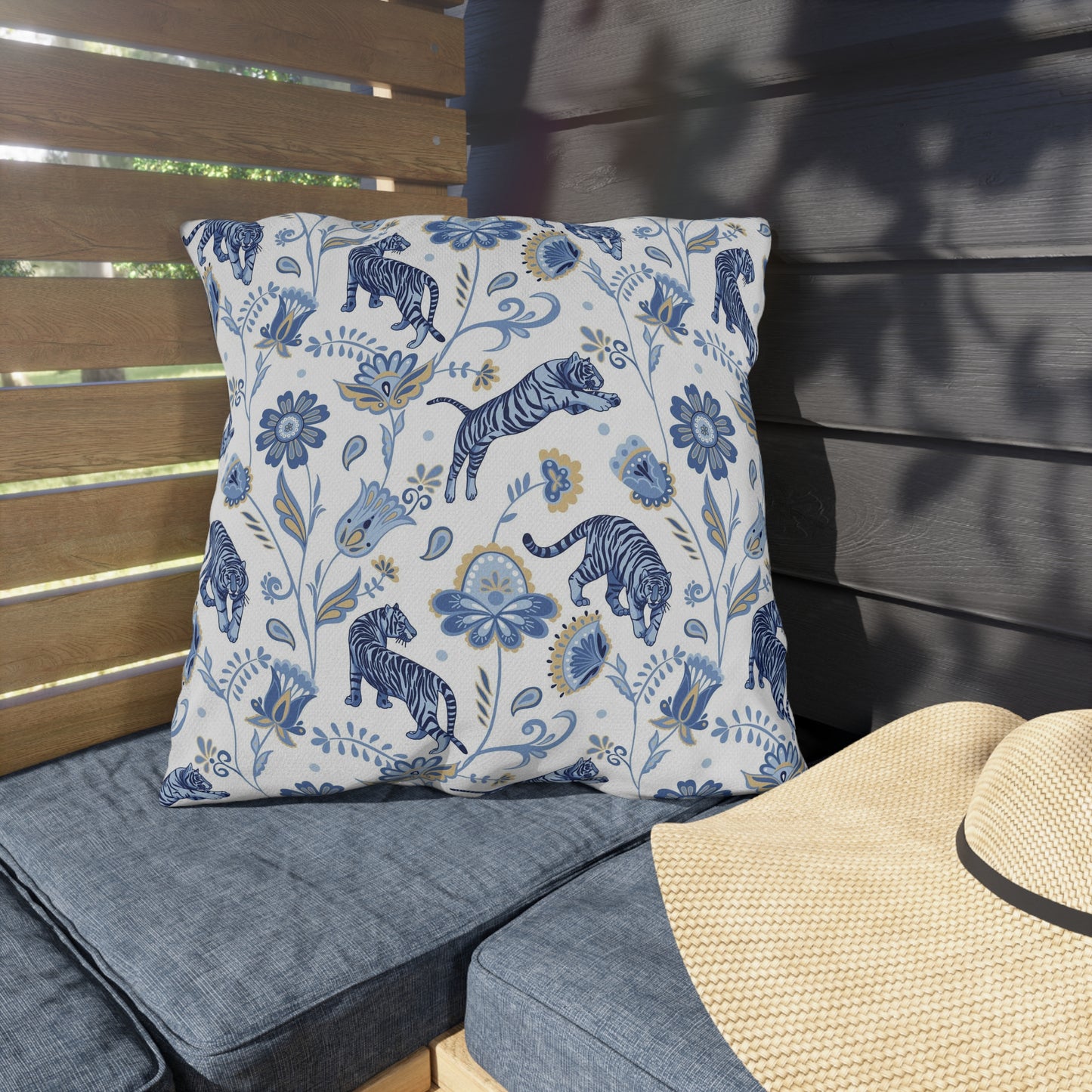 Outdoor Pillow Blue Nordic Tigers and Floral | Front Porch Pillow | Back Porch Pillow