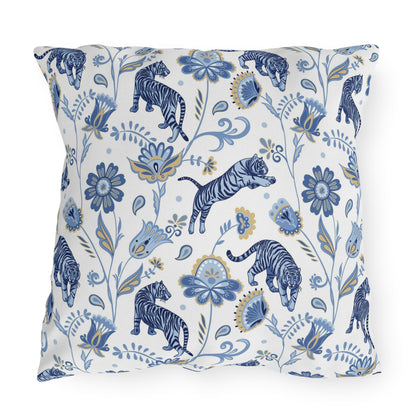 Outdoor Pillow Blue Nordic Tigers and Floral | Front Porch Pillow | Back Porch Pillow