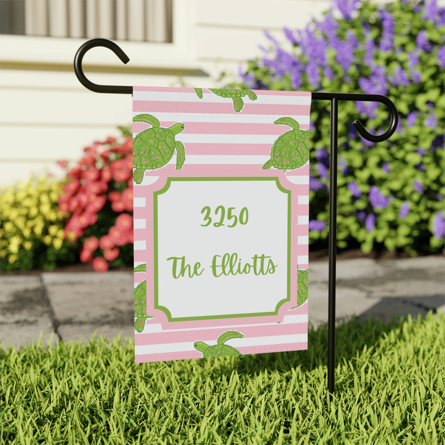 Customized Welcome Pink Stripe Tropical Turtles Flags | Address and Name Flag | Personalized Name Flag | Beach Summer Outdoor Garden Decor