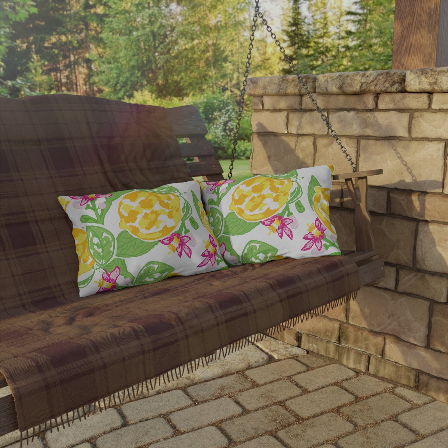 Outdoor Pillow Lemon and Pink Hibiscus | Front Porch Pillow | Back Porch Pillow