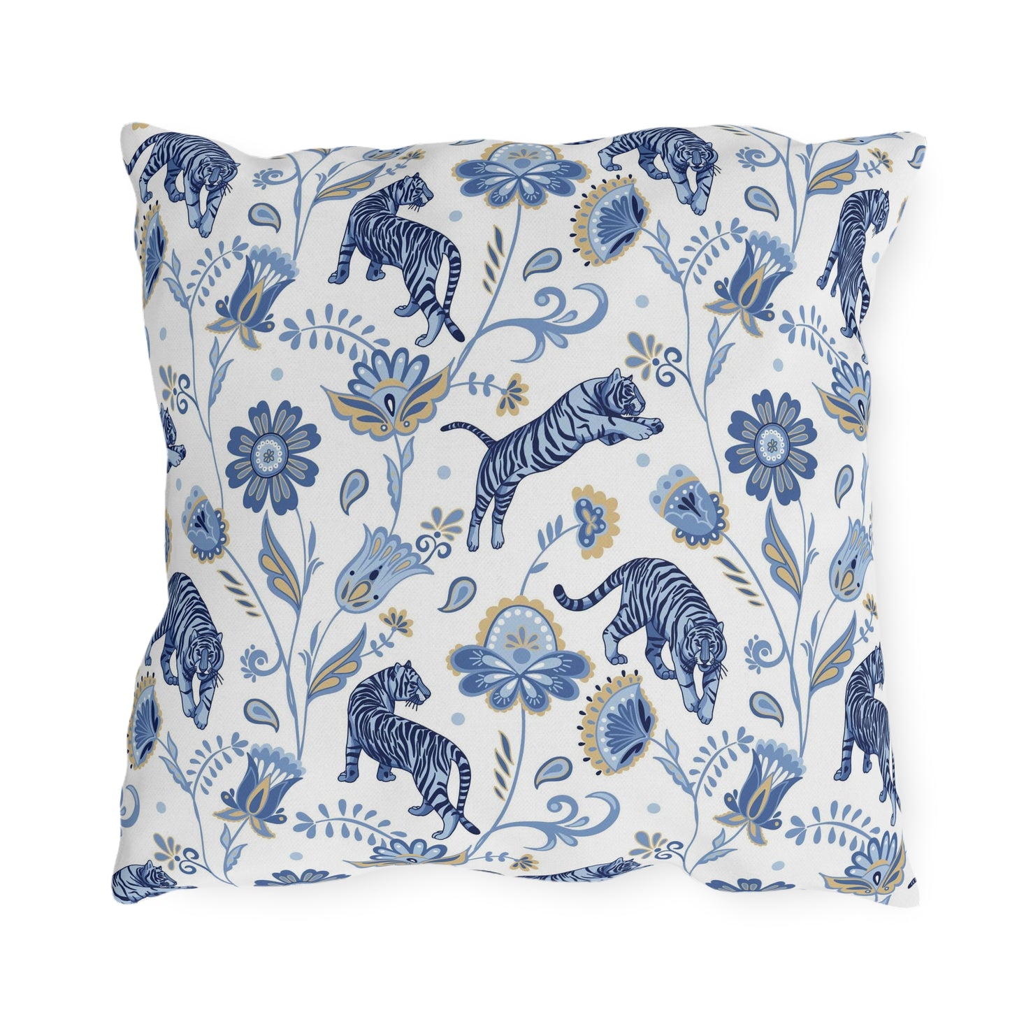 Outdoor Pillow Blue Nordic Tigers and Floral | Front Porch Pillow | Back Porch Pillow