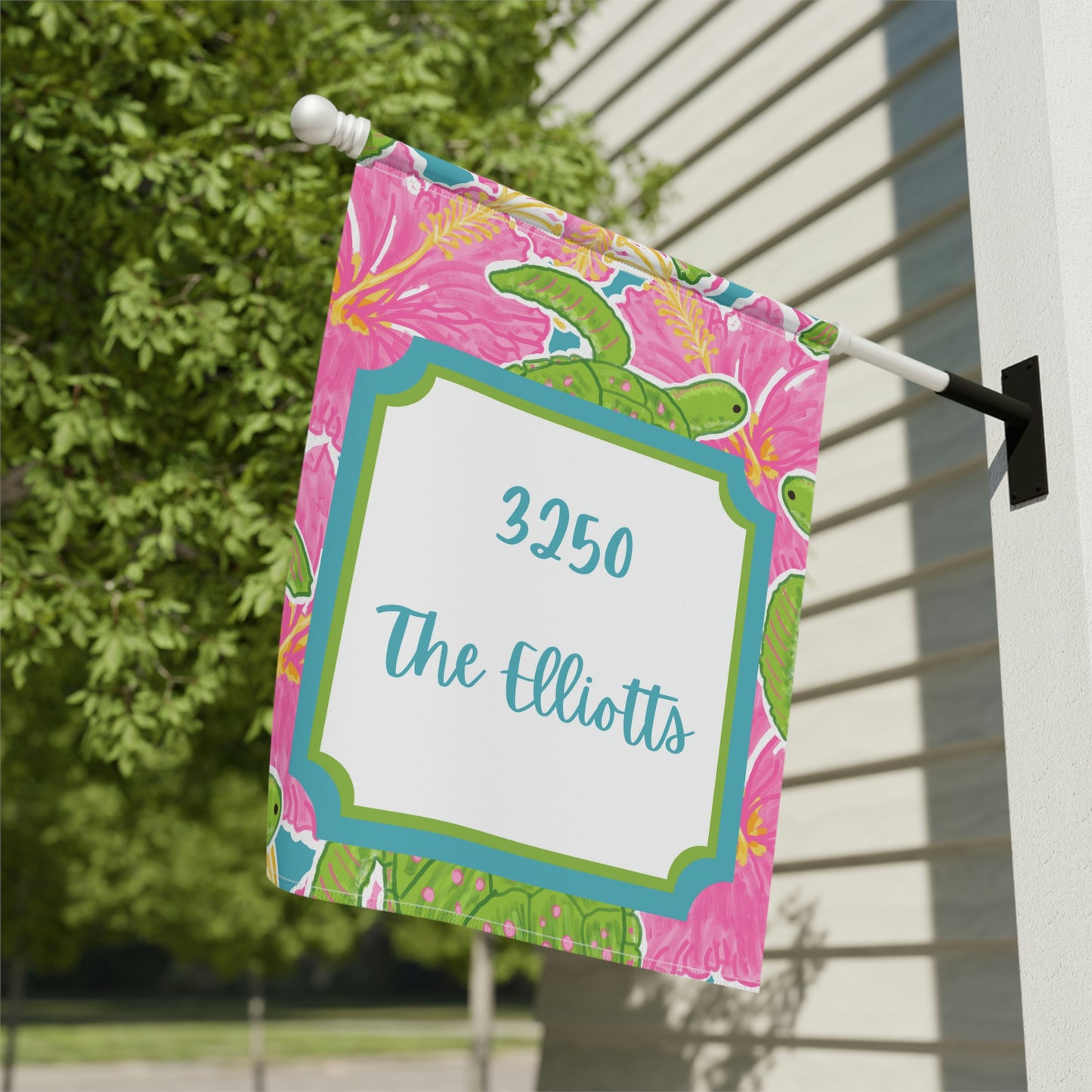 Customized Welcome Tropical Hibiscus Turtles Flags | Address and Name Flag | Personalized Name Flag | Beach Summer Garden Decor