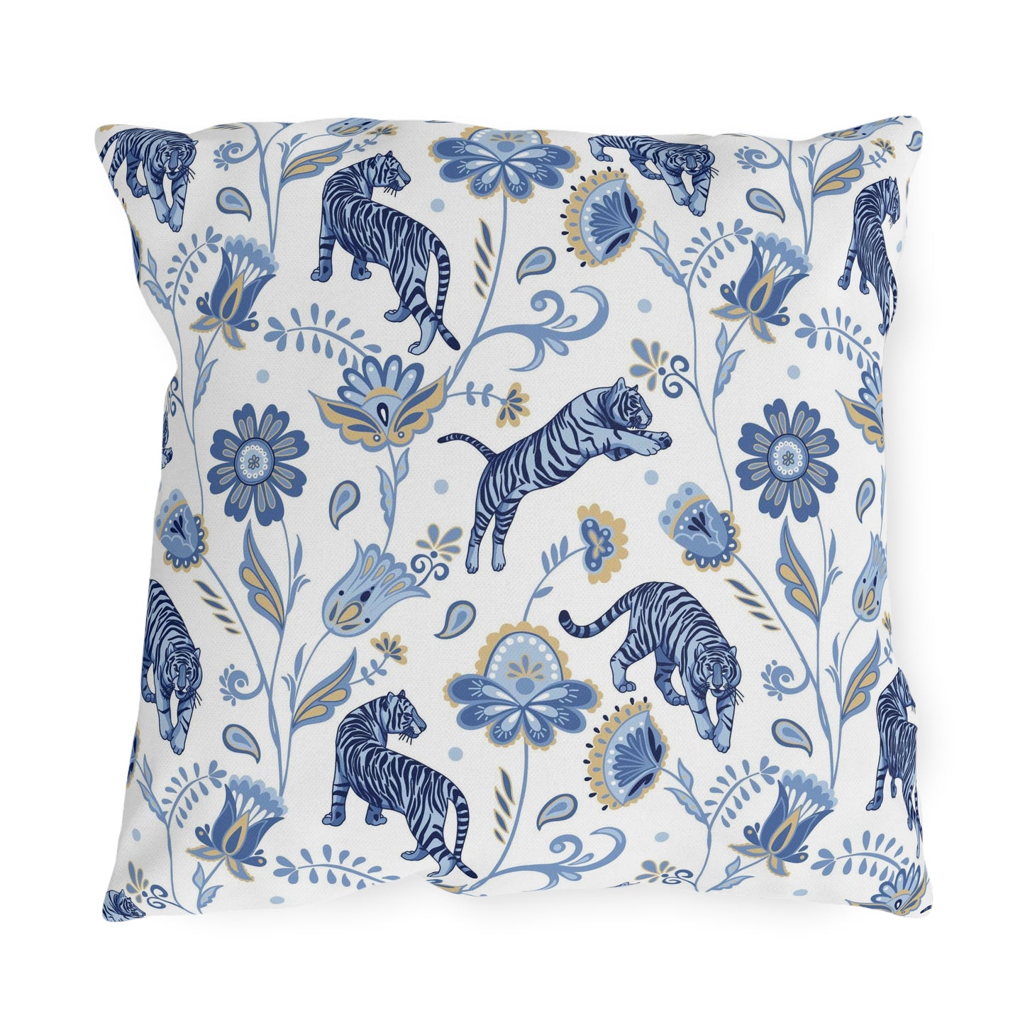 Outdoor Pillow Blue Nordic Tigers and Floral | Front Porch Pillow | Back Porch Pillow