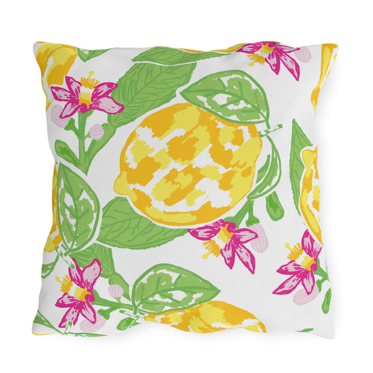 Outdoor Pillow Lemon and Pink Hibiscus | Front Porch Pillow | Back Porch Pillow